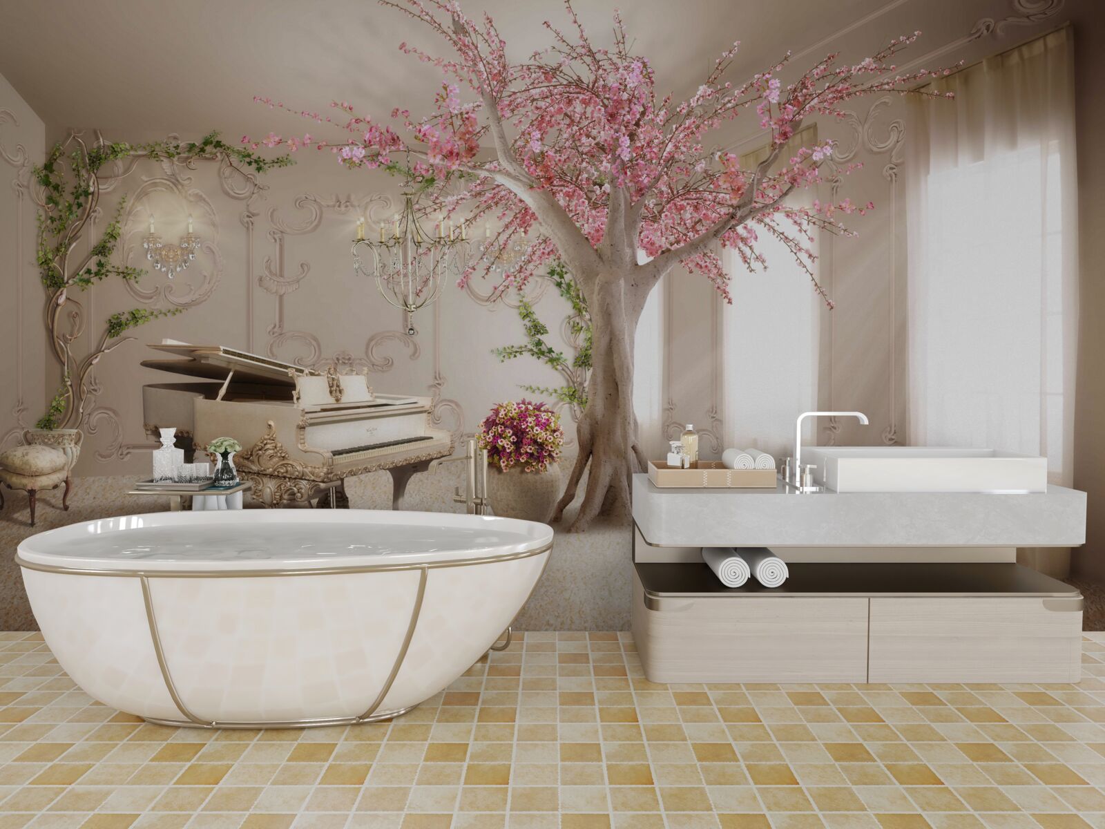 Фотошпалери чарівна вітальня з сакурою