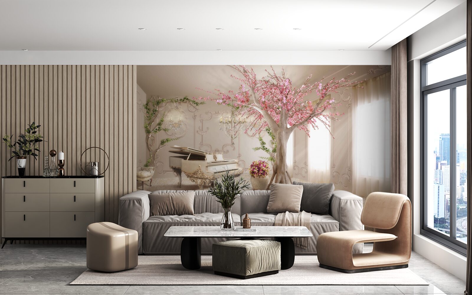 Фотошпалери чарівна вітальня з сакурою