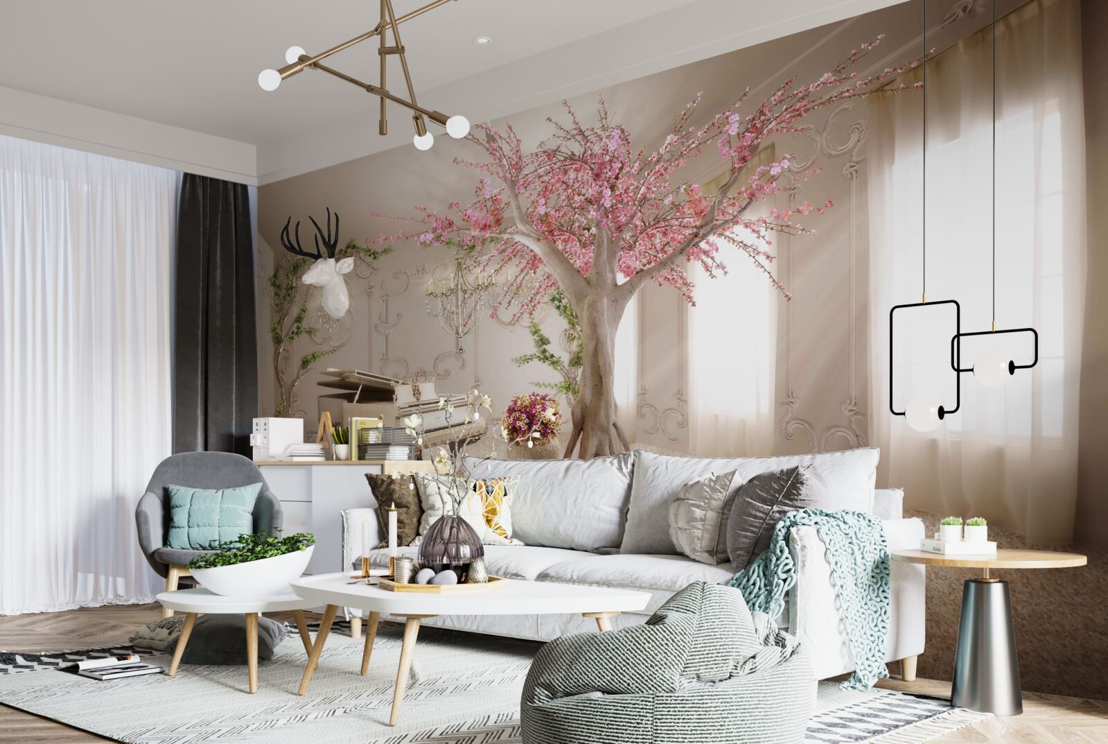 Фотошпалери чарівна вітальня з сакурою