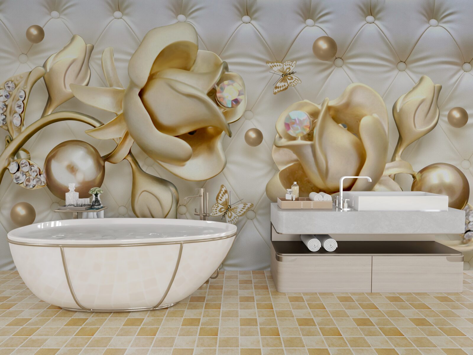 Фотошпалери ромбовидні троянди в золоті