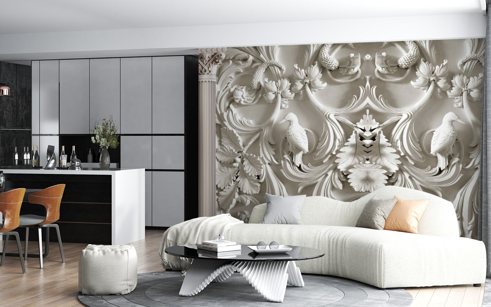 Фотошпалери об'ємні білі деталі на стіні