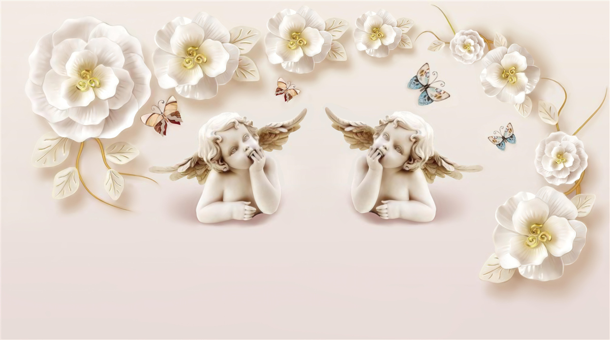 Фотошпалери пара ангелів, білосніжні троянди та метелики