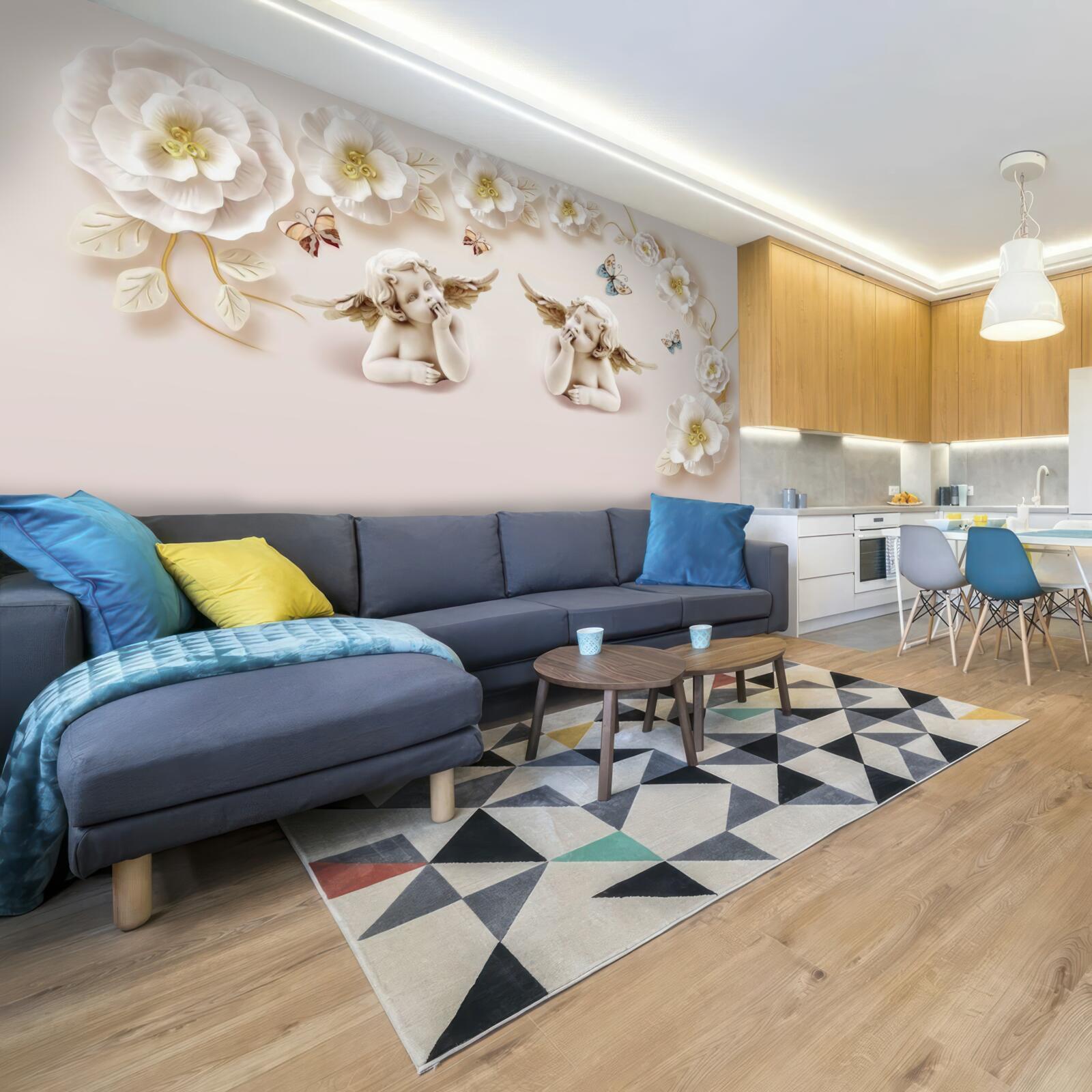 Фотошпалери пара ангелів, білосніжні троянди та метелики