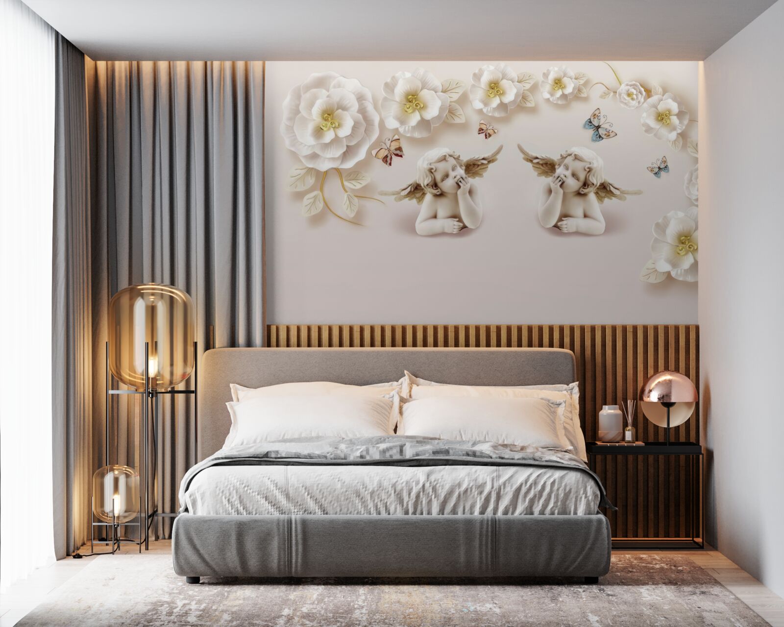 Фотошпалери пара ангелів, білосніжні троянди та метелики