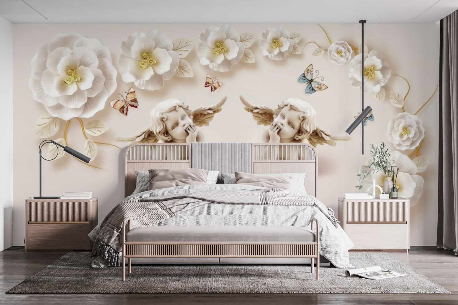 Фотошпалери пара ангелів, білосніжні троянди та метелики