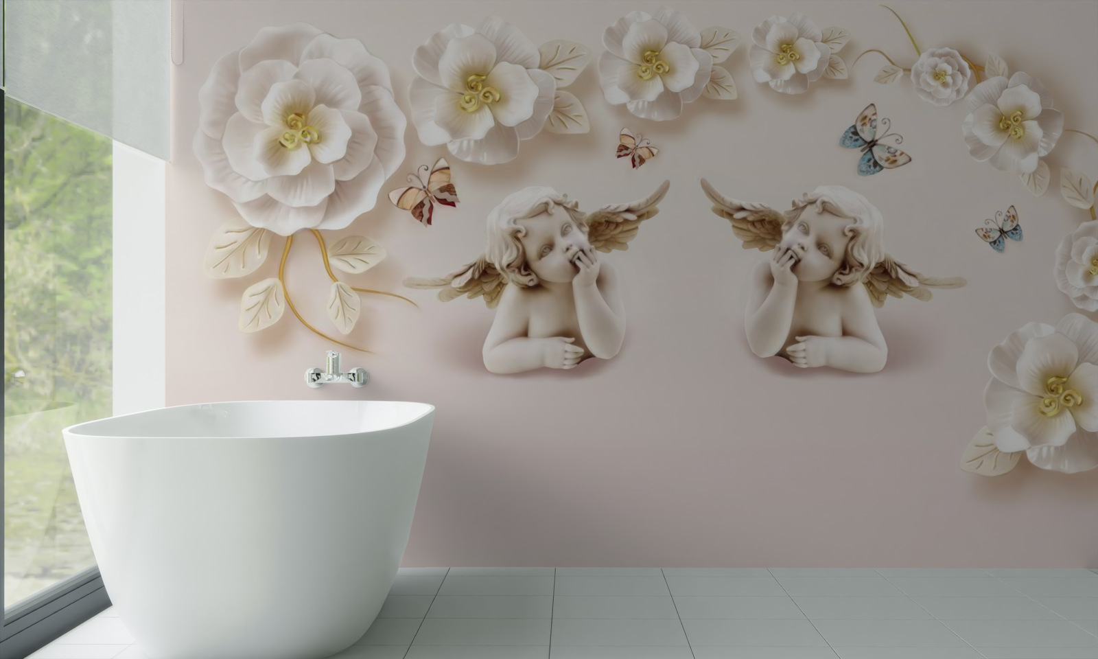 Фотошпалери пара ангелів, білосніжні троянди та метелики