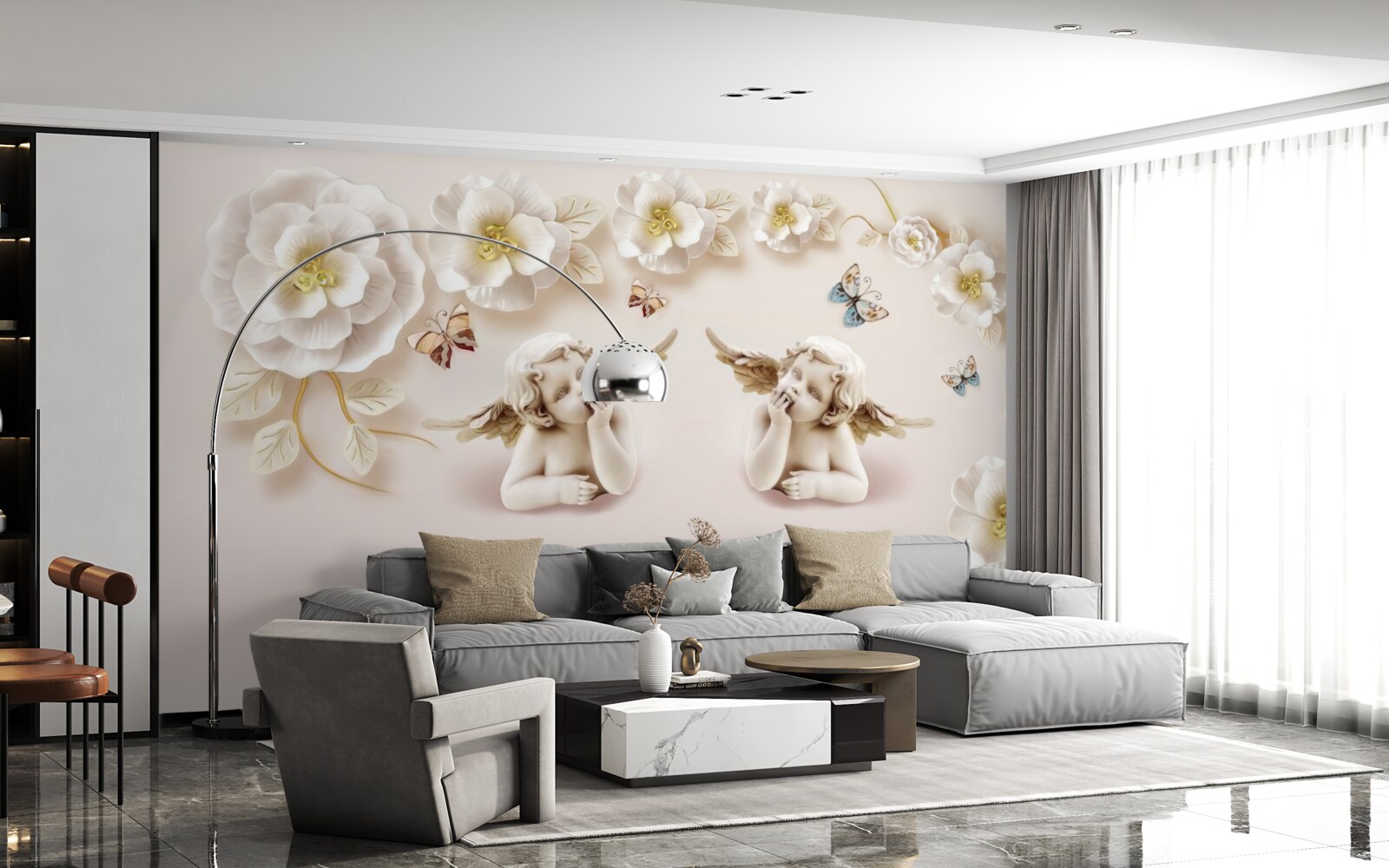 Фотошпалери пара ангелів, білосніжні троянди та метелики