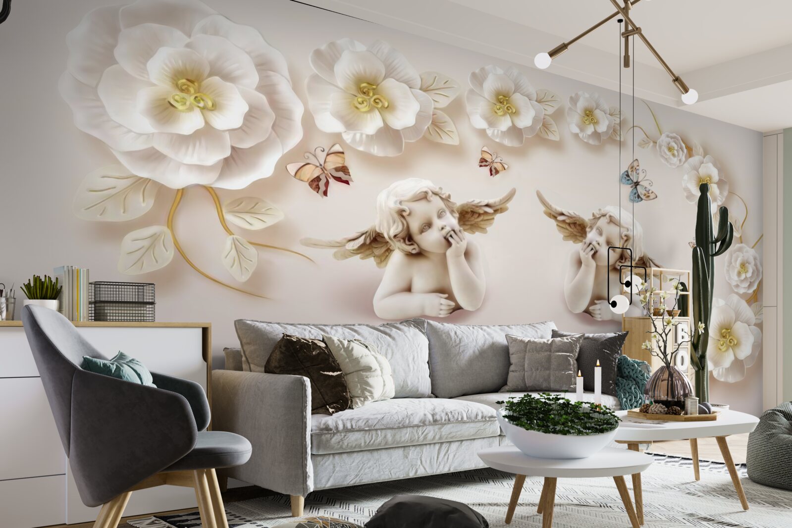 Фотошпалери пара ангелів, білосніжні троянди та метелики