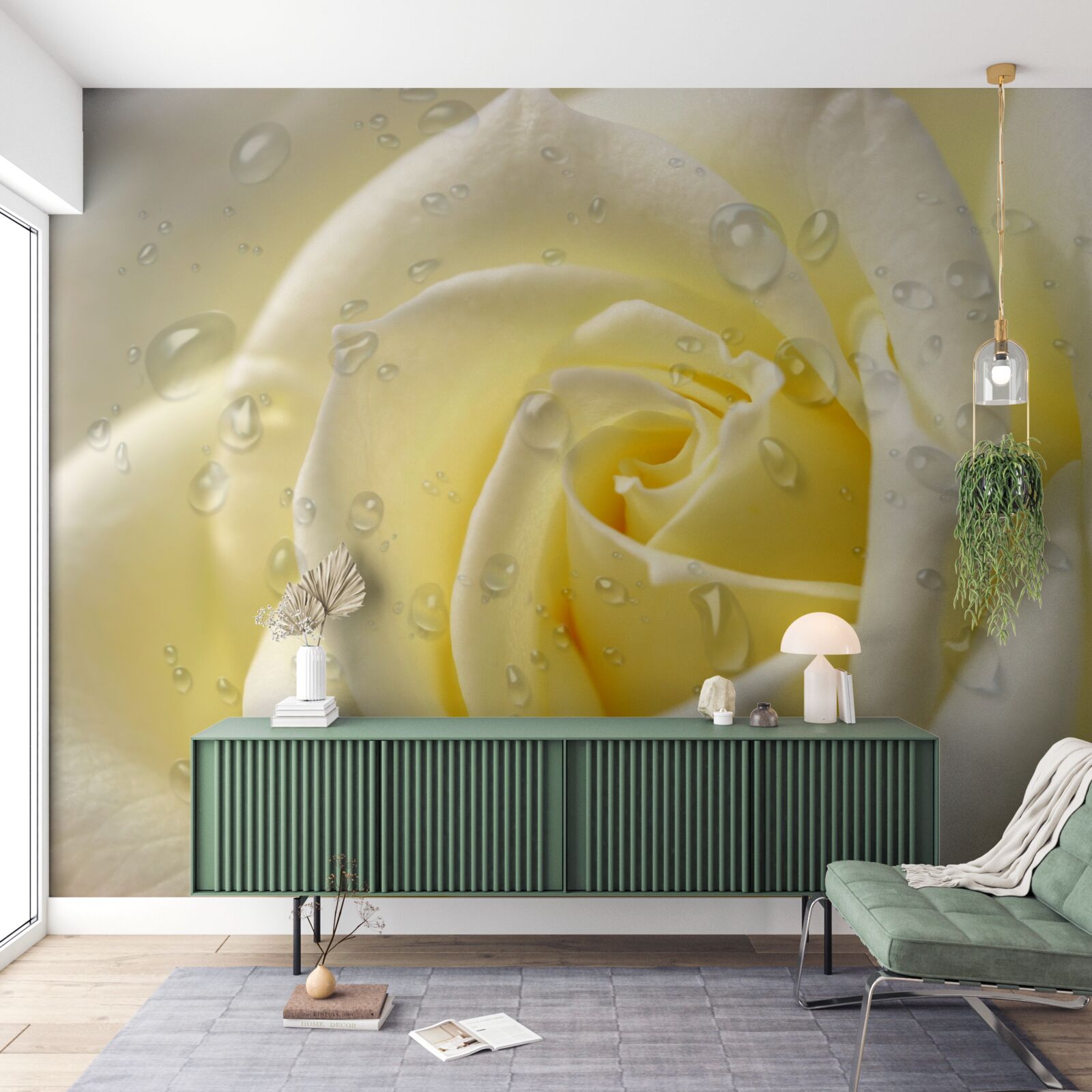 Фотошпалери краплі дощу на жовтій троянді