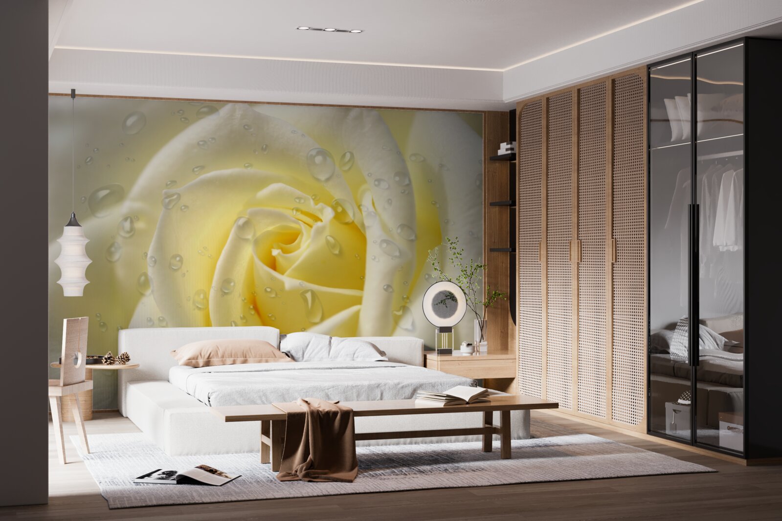 Фотошпалери краплі дощу на жовтій троянді