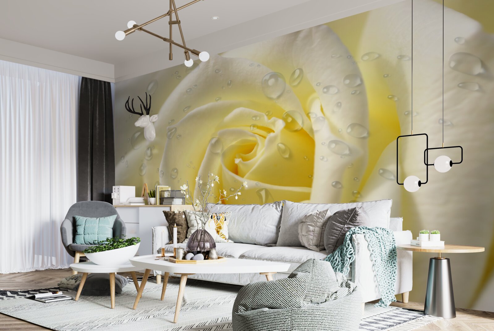 Фотошпалери краплі дощу на жовтій троянді