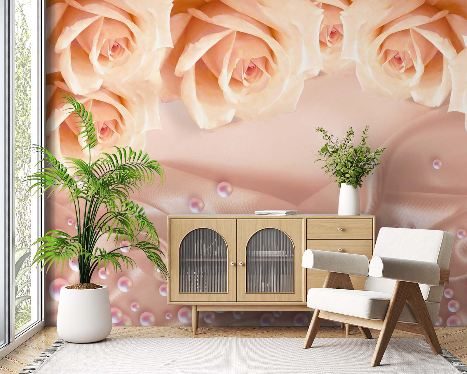 Фотошпалери перли та помаранчеві троянди