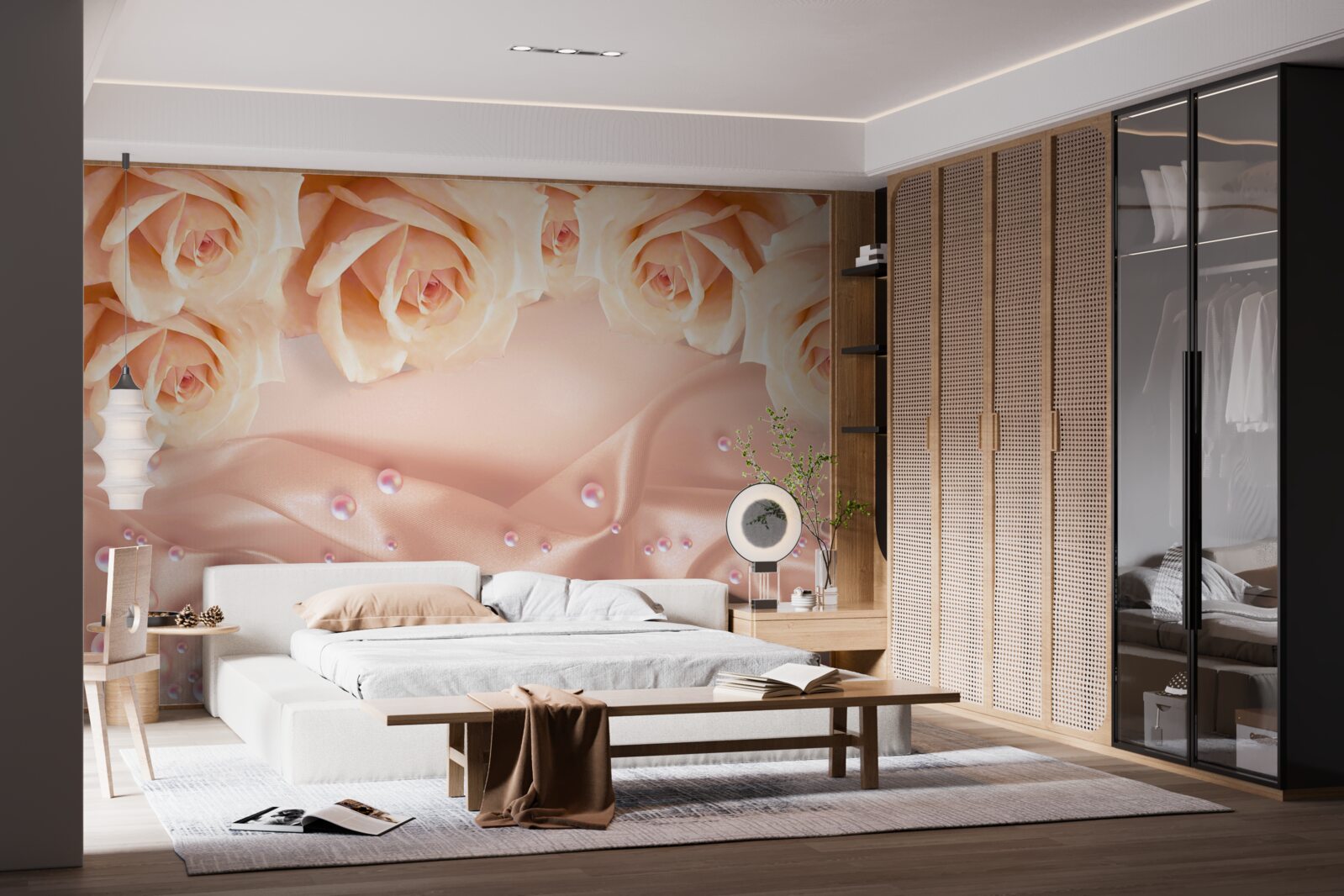 Фотошпалери перли та помаранчеві троянди