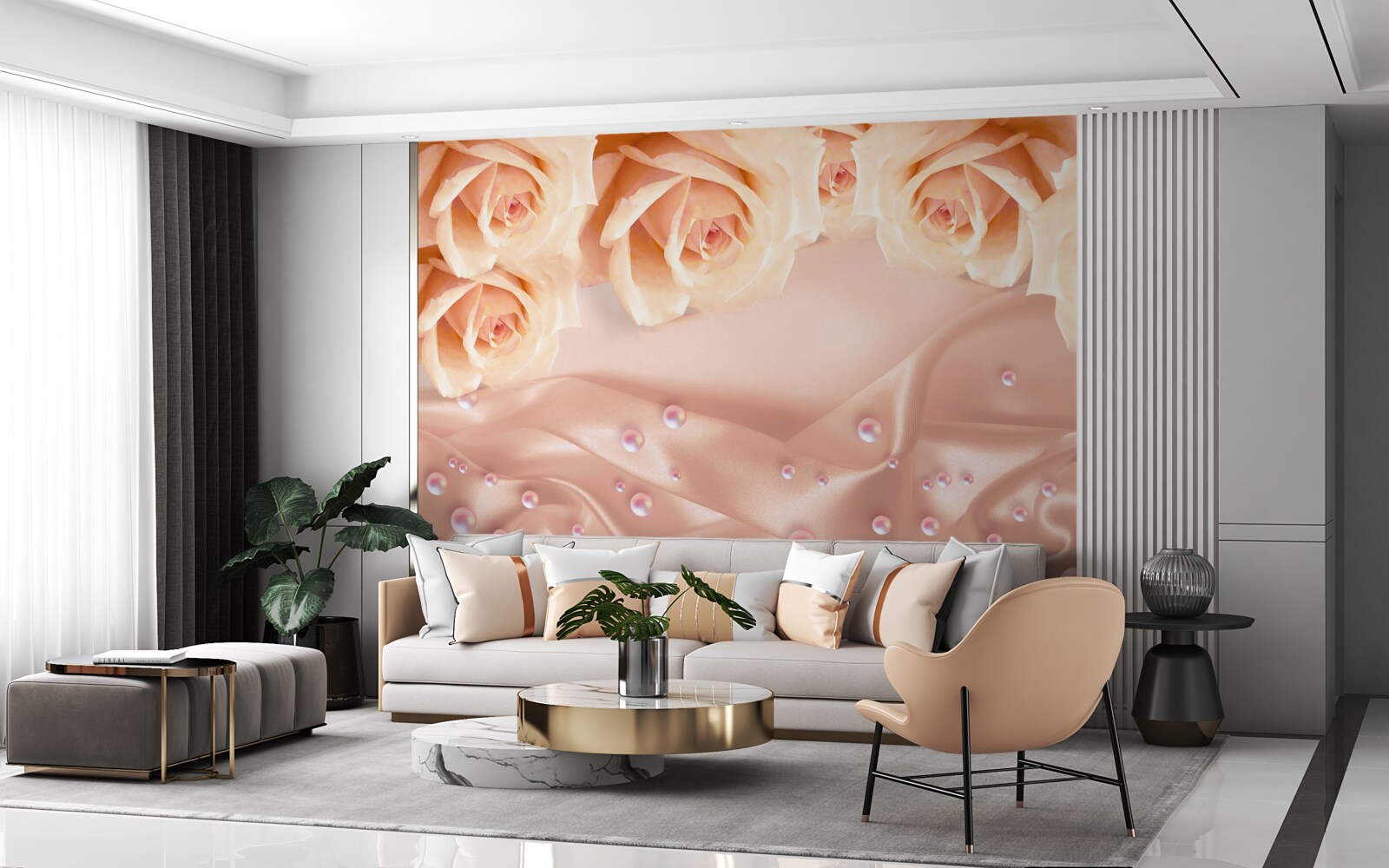 Фотошпалери перли та помаранчеві троянди