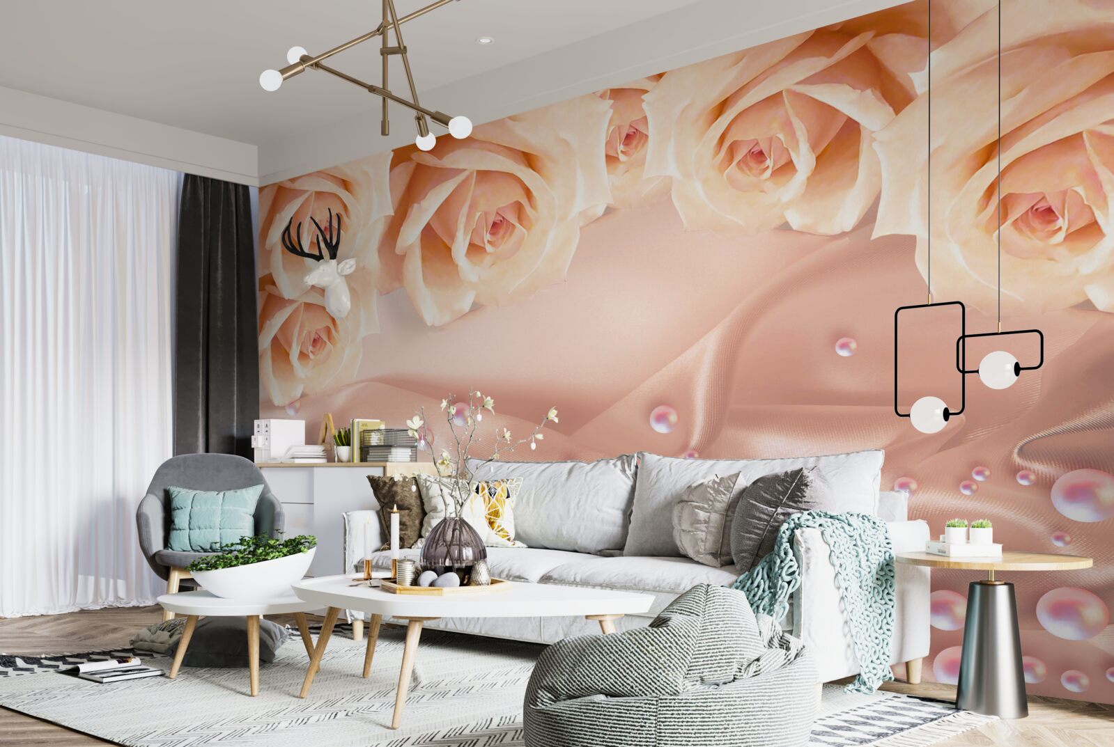 Фотошпалери перли та помаранчеві троянди