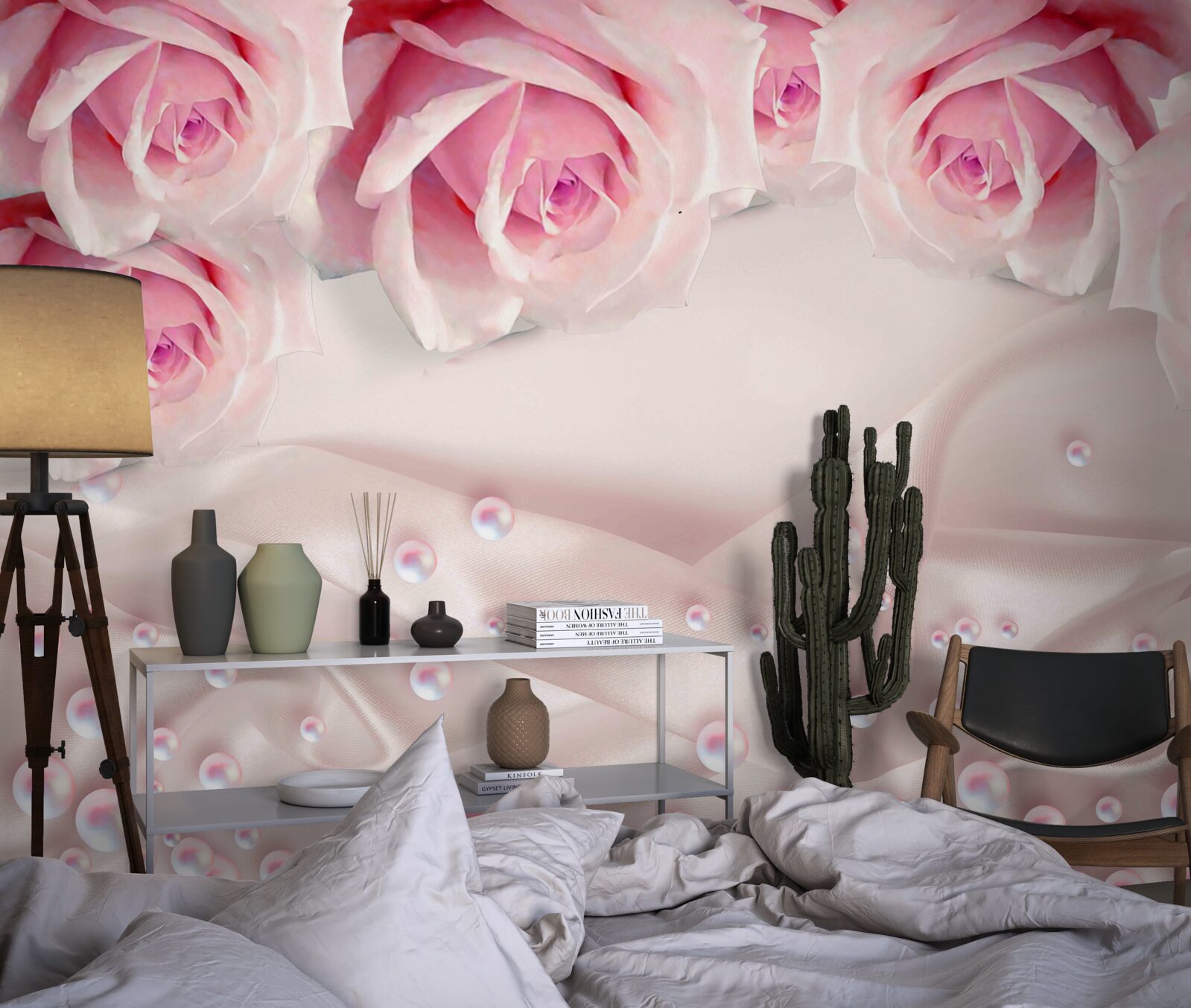 Фотошпалери перли та рожеві квіти