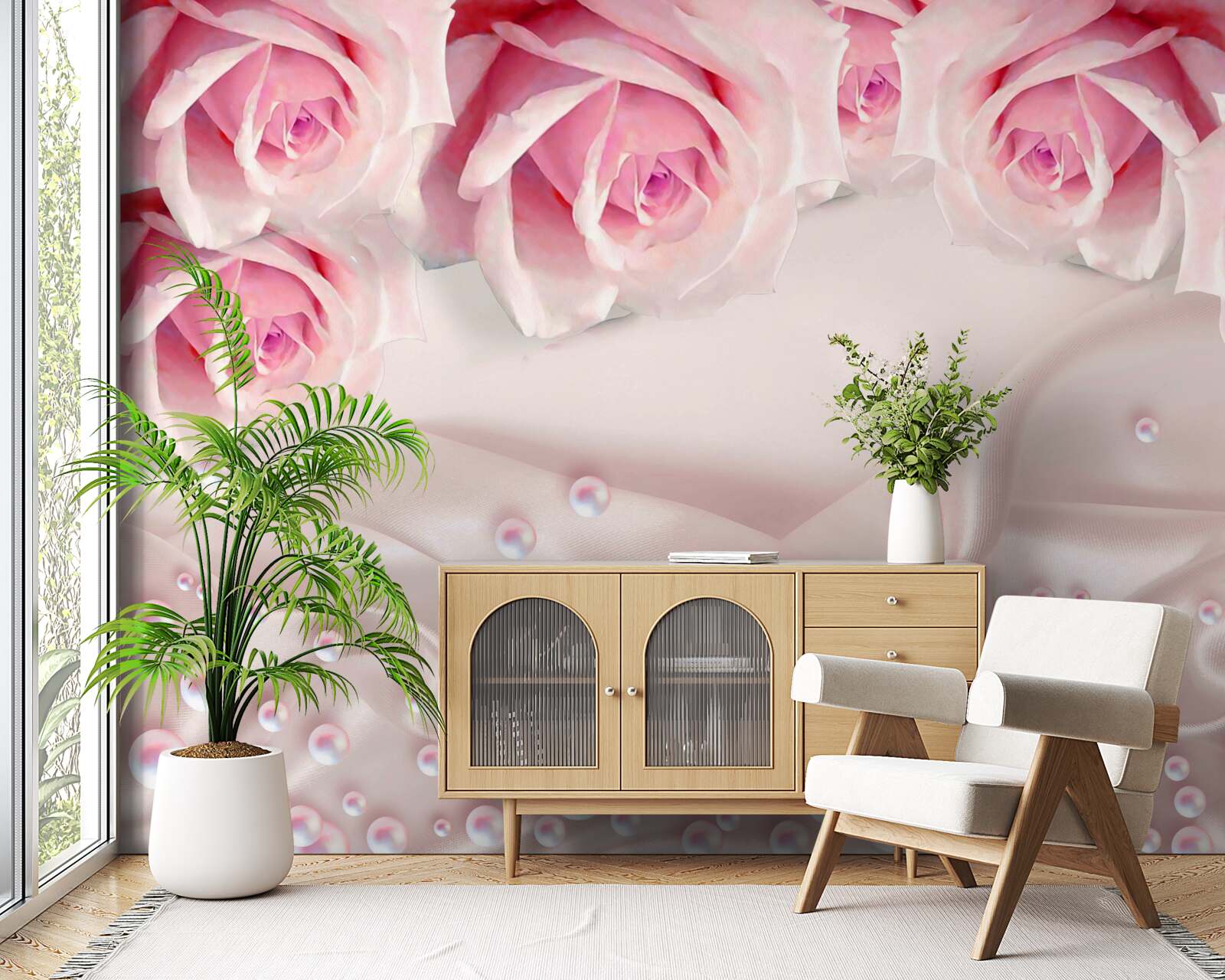 Фотошпалери перли та рожеві квіти