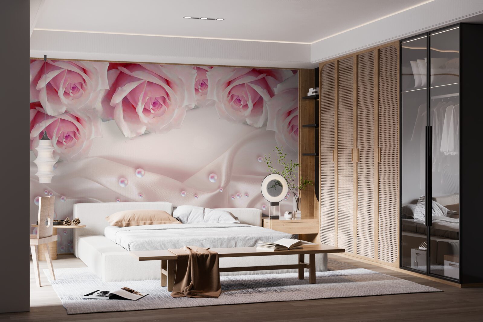 Фотошпалери перли та рожеві квіти