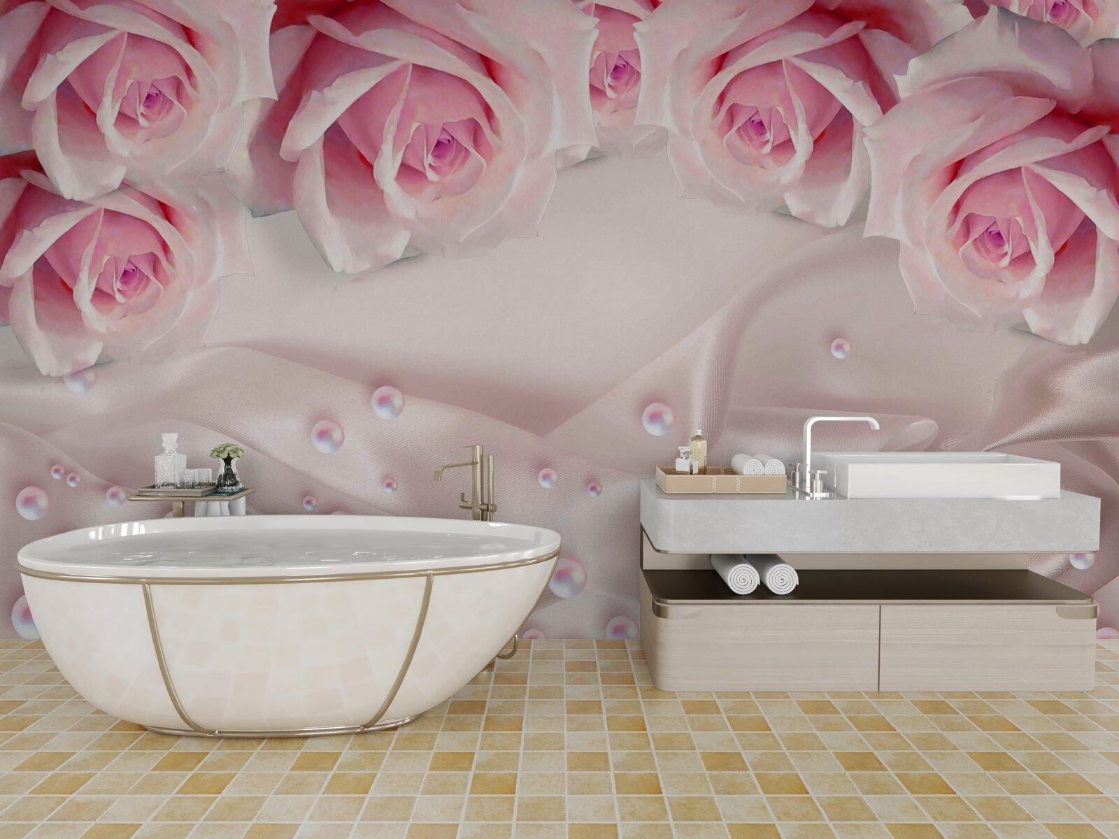 Фотошпалери перли та рожеві квіти