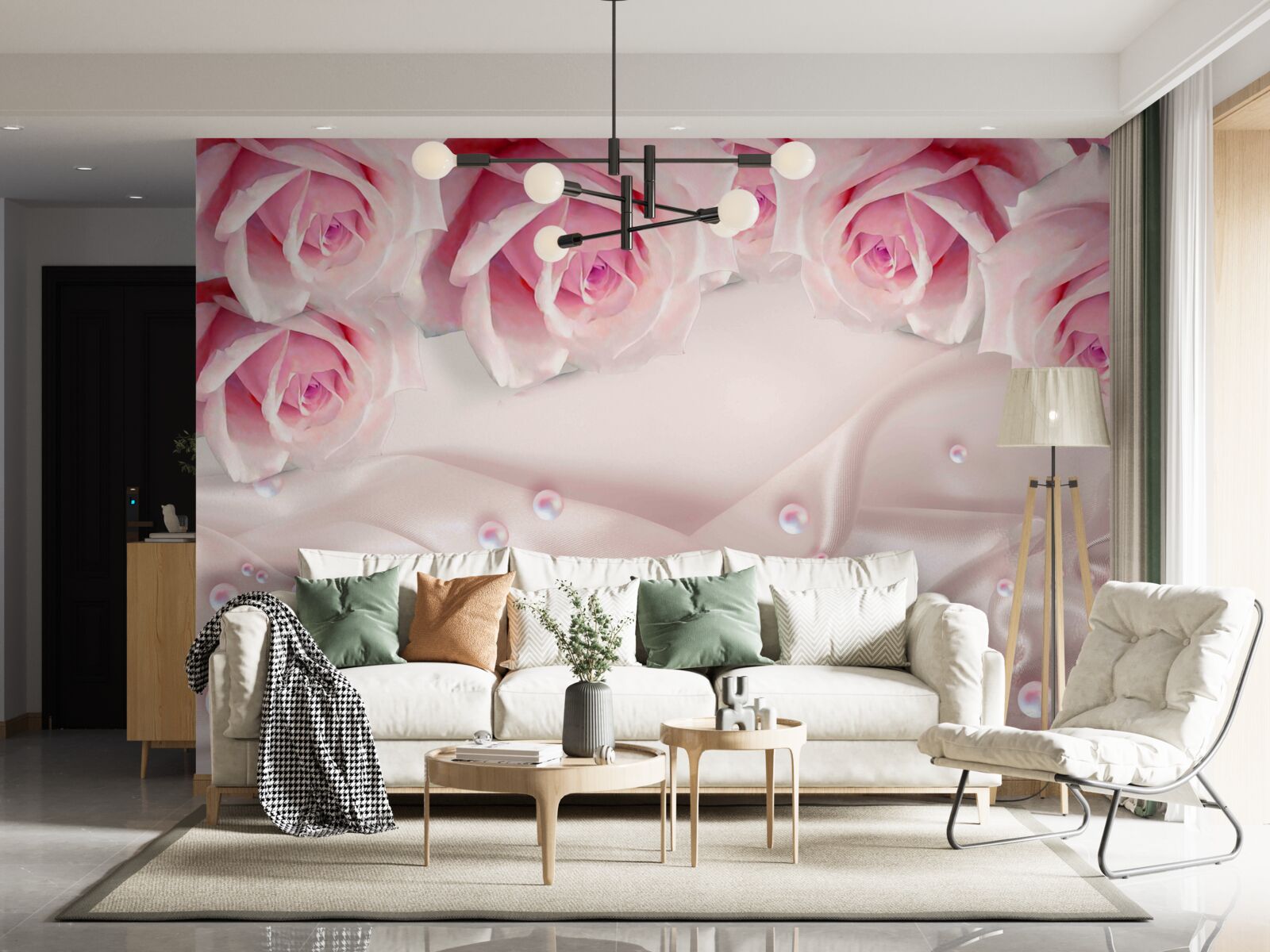 Фотошпалери перли та рожеві квіти