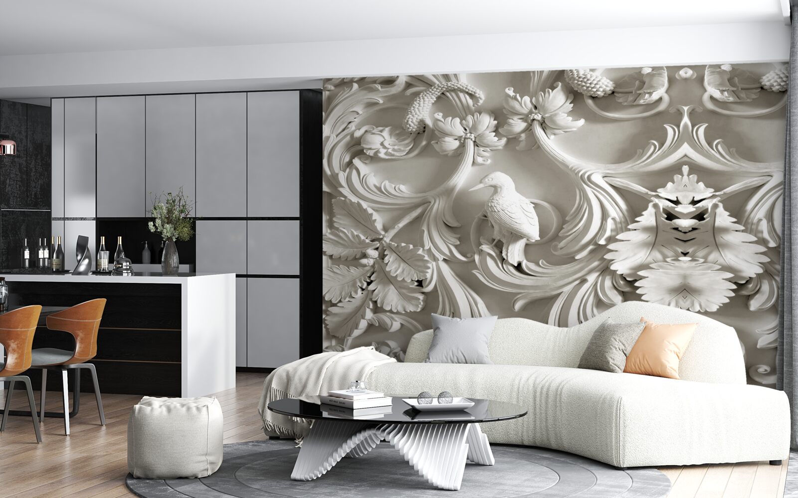 Фотошпалери білий рельєф з гіпсу