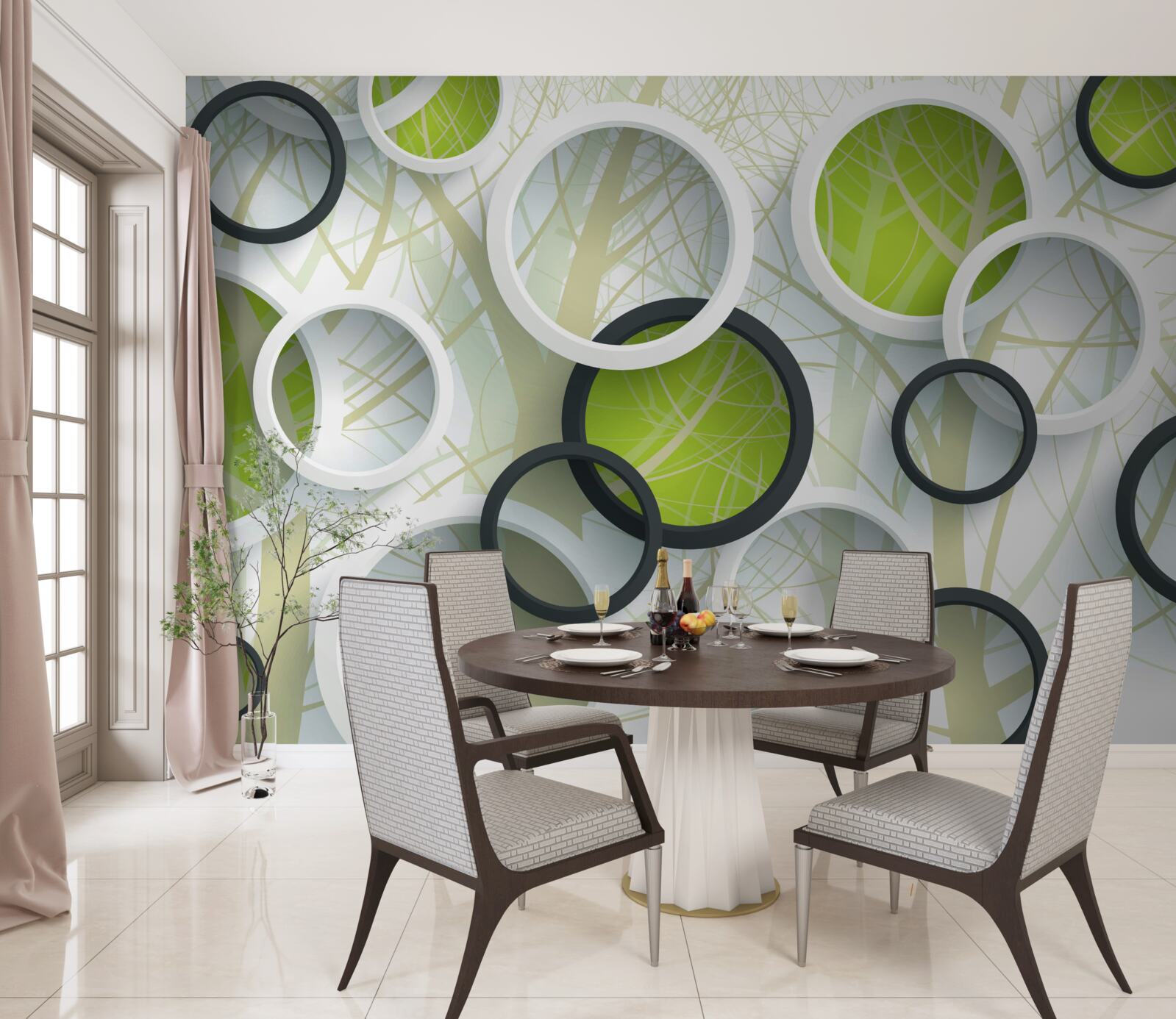 Фотошпалери накладені білі та зелені кола