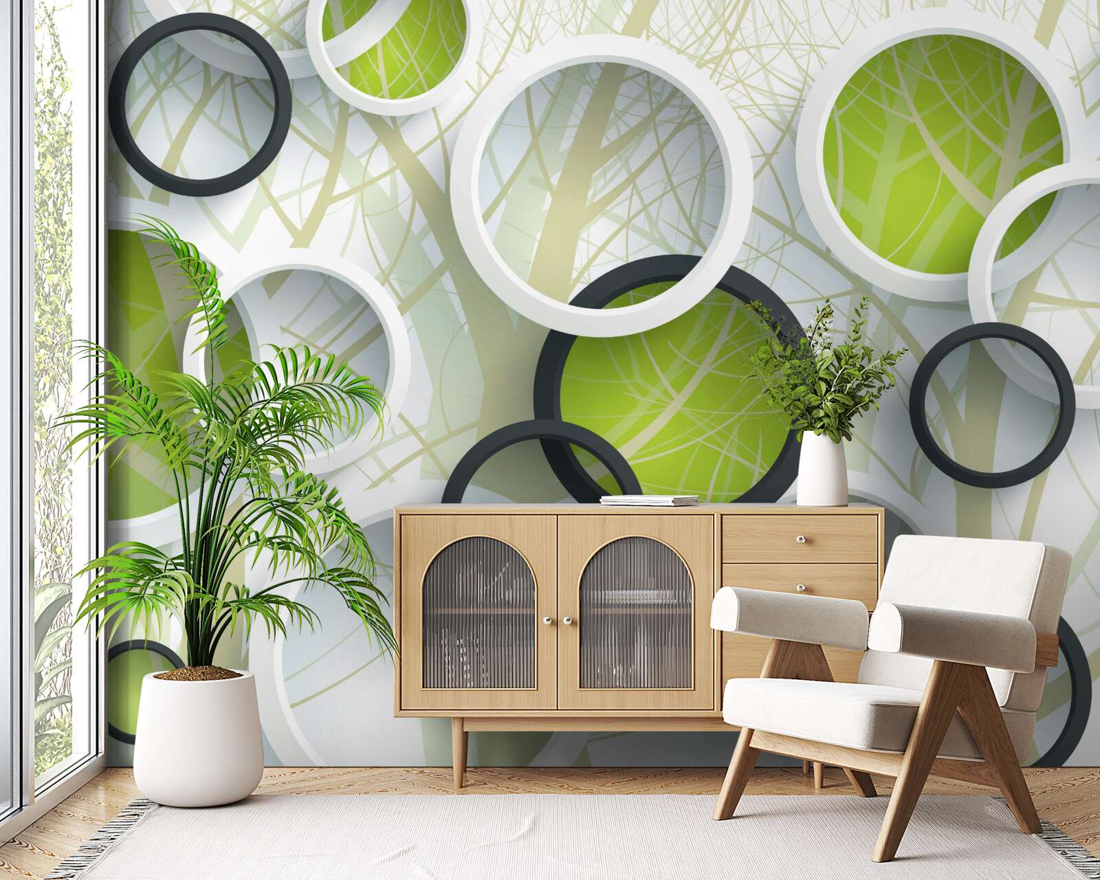 Фотошпалери накладені білі та зелені кола