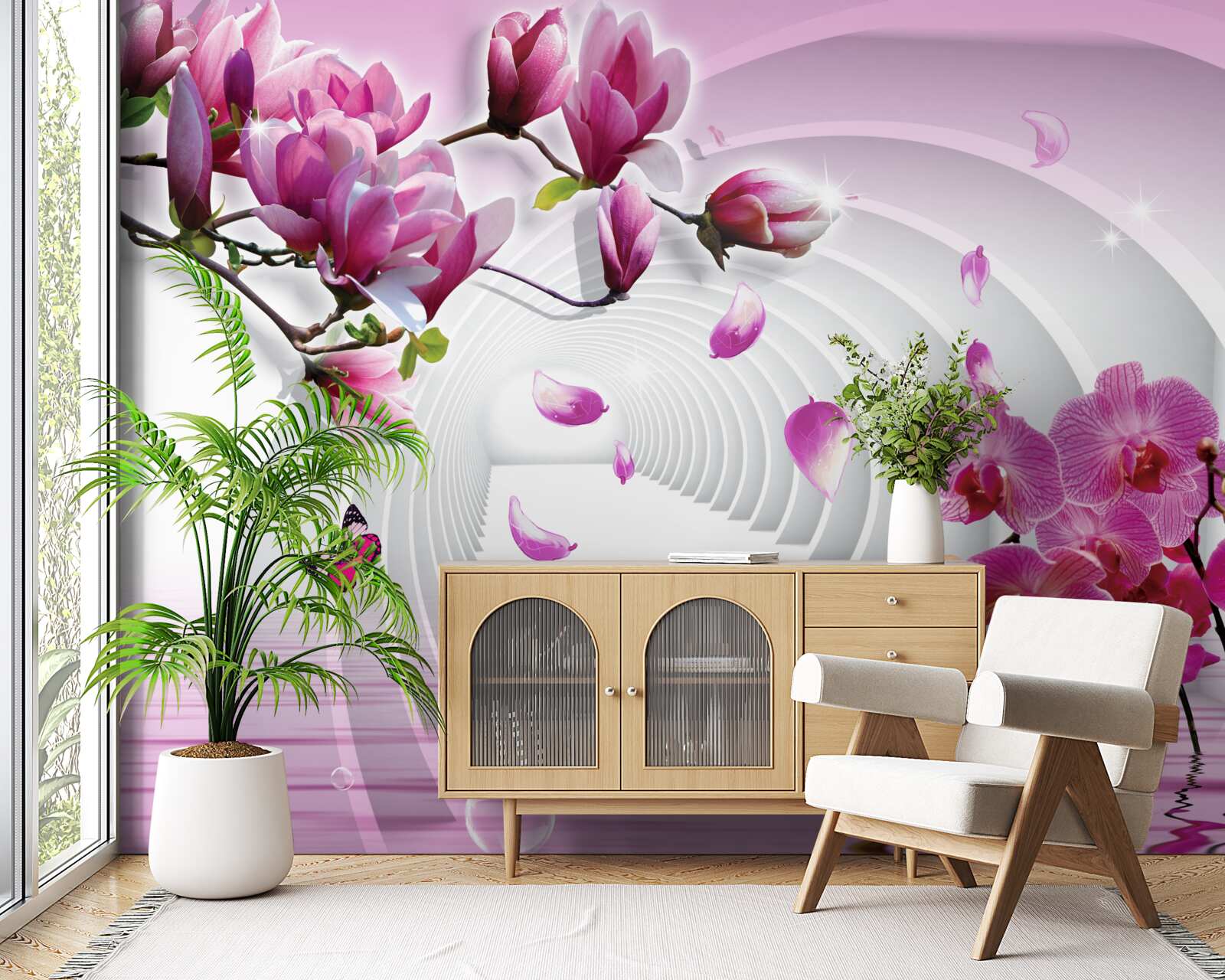 Фотошпалери колаж з ніжних фіолетових квітів магнолії