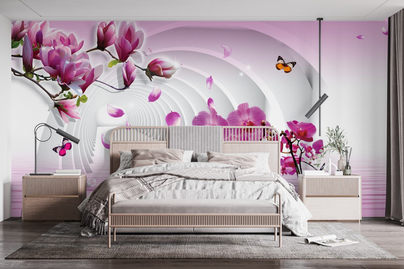 Фотошпалери колаж з ніжних фіолетових квітів магнолії