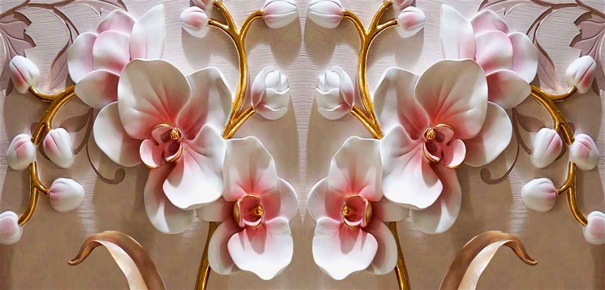 Фотошпалери бутони орхідей віддзеркалюються в білосніжному кольорі