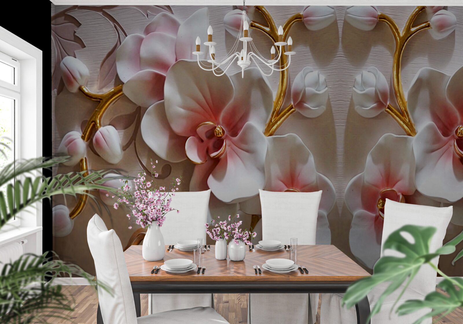 Фотошпалери бутони орхідей віддзеркалюються в білосніжному кольорі