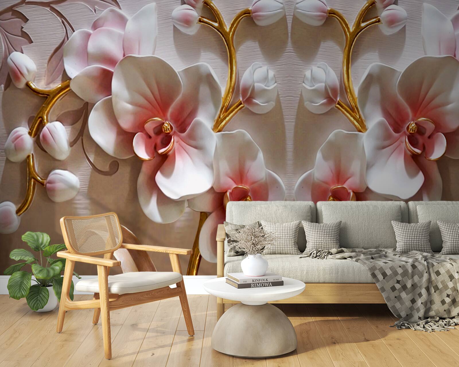 Фотошпалери бутони орхідей віддзеркалюються в білосніжному кольорі