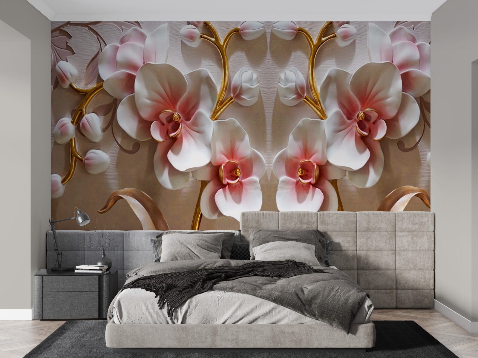 Фотошпалери бутони орхідей віддзеркалюються в білосніжному кольорі