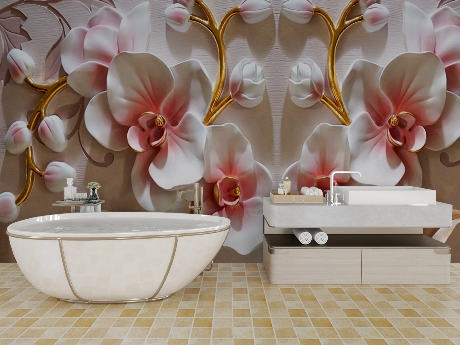 Фотошпалери бутони орхідей віддзеркалюються в білосніжному кольорі