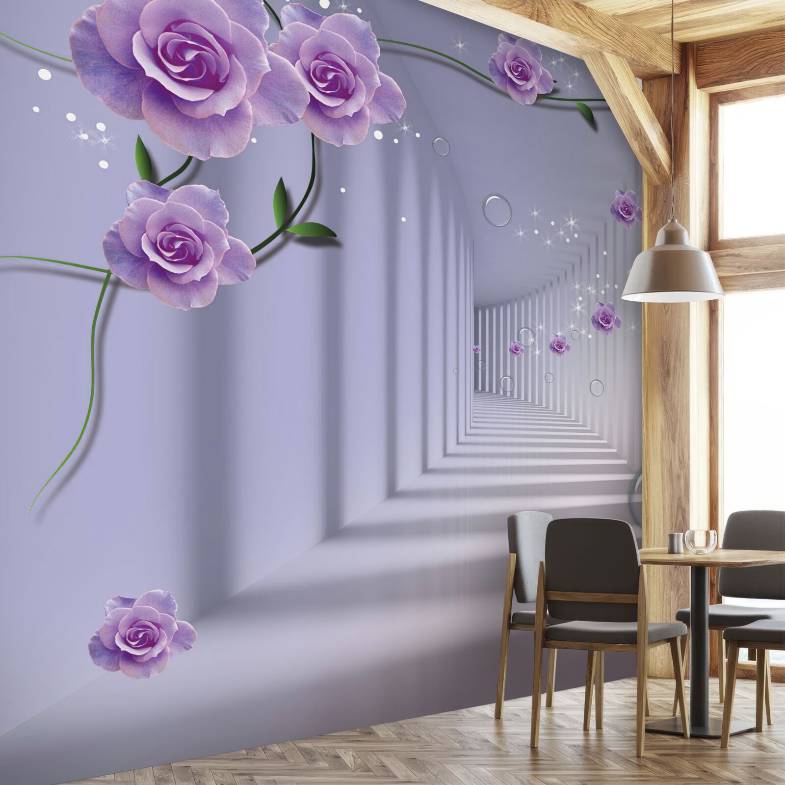 Фотошпалери в перспективі тунель, прикрашений фіолетовою трояндою