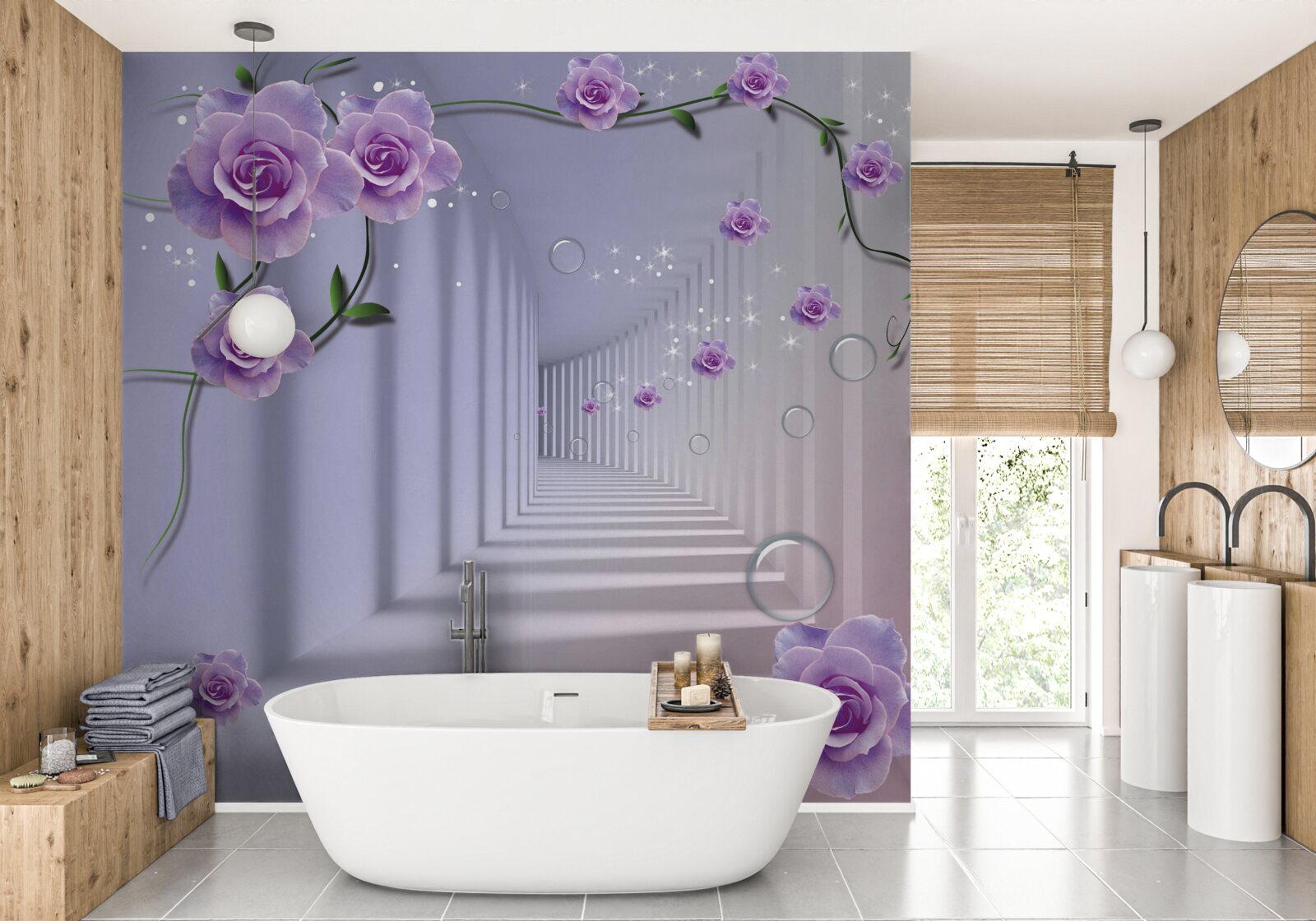 Фотошпалери в перспективі тунель, прикрашений фіолетовою трояндою