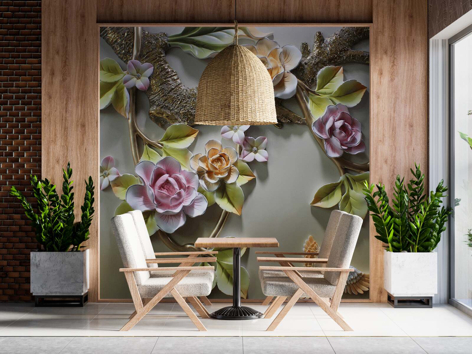 Фотошпалери квіти лотоса у відтінках жовтого, білого та фіолетового, а також пташка