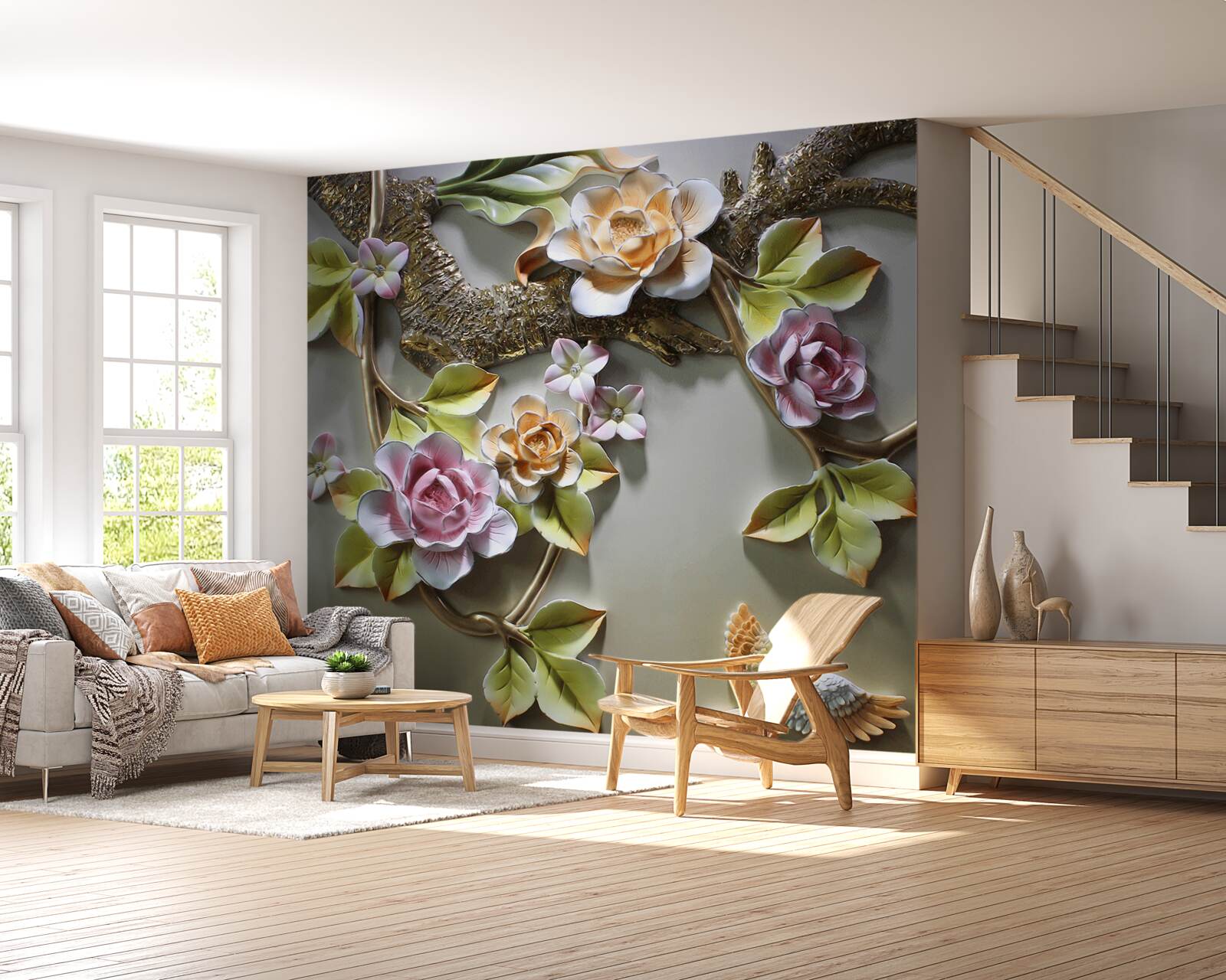 Фотошпалери квіти лотоса у відтінках жовтого, білого та фіолетового, а також пташка