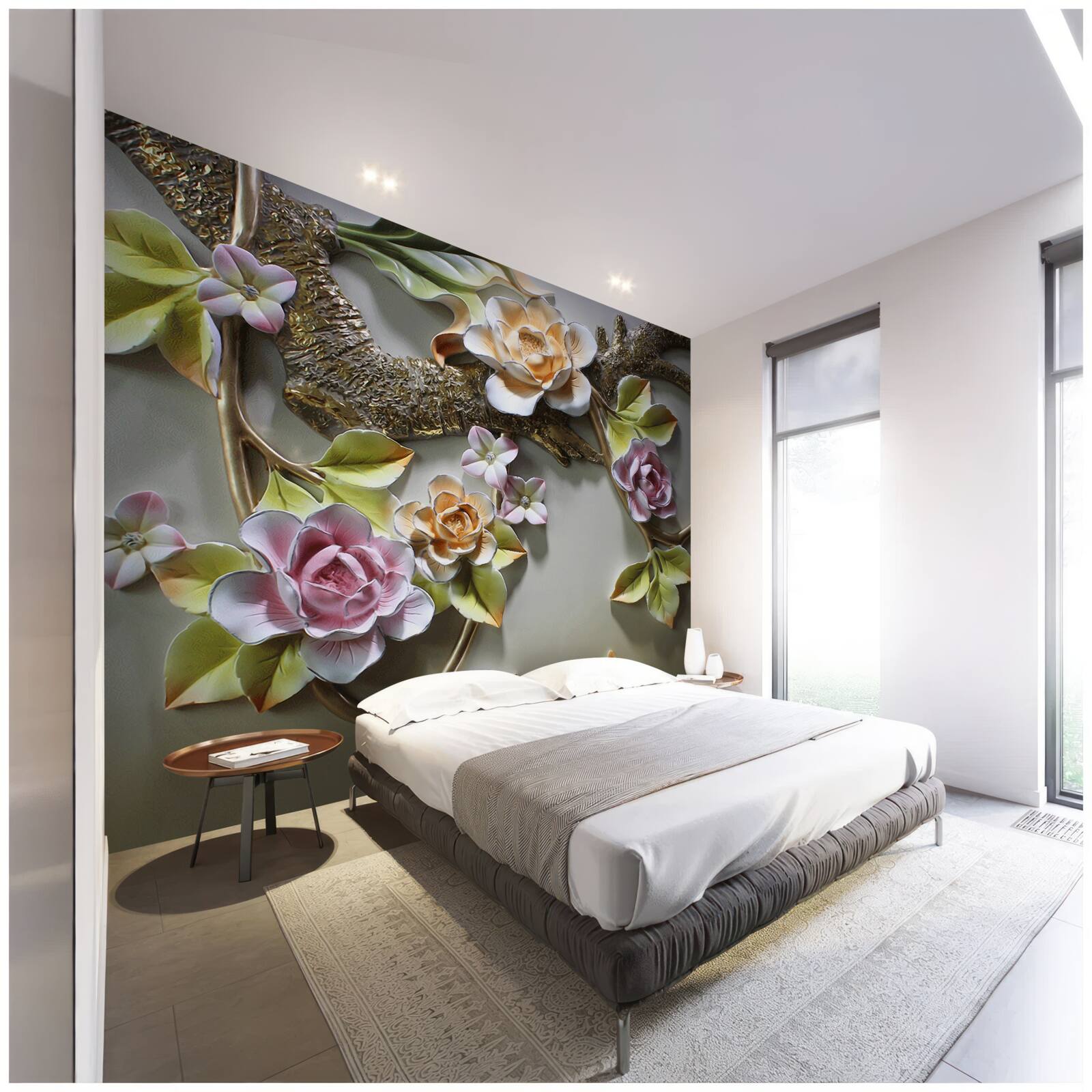 Фотошпалери квіти лотоса у відтінках жовтого, білого та фіолетового, а також пташка