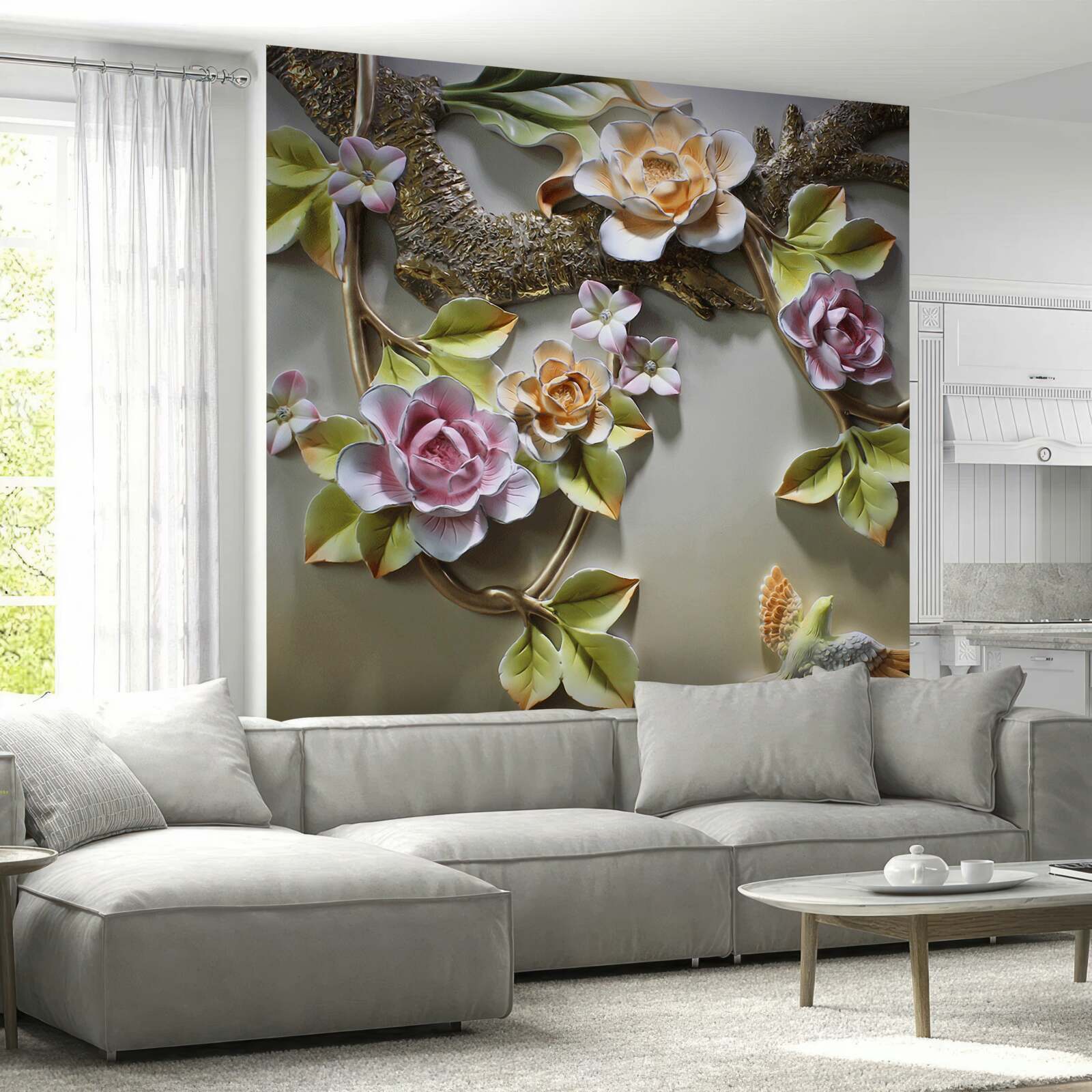 Фотошпалери квіти лотоса у відтінках жовтого, білого та фіолетового, а також пташка