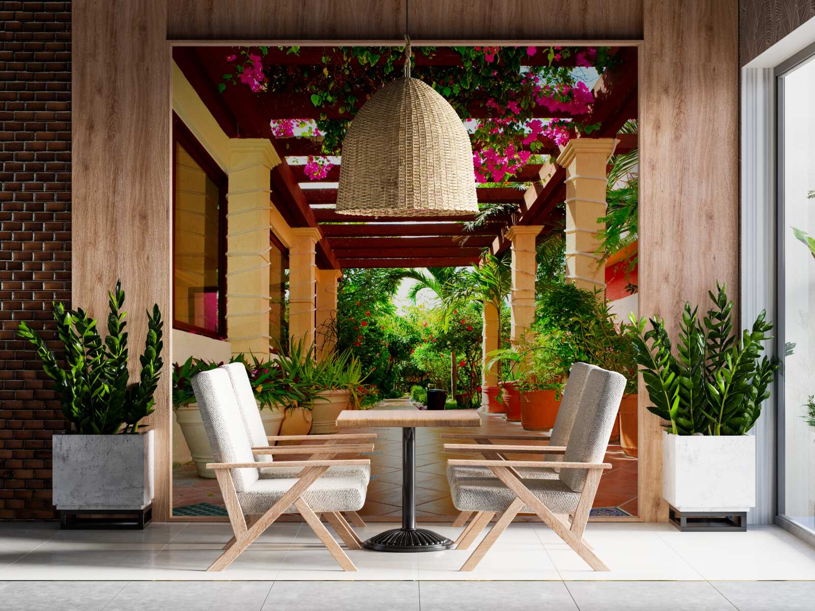 Фотошпалери тераса біля будинку, прикрашена рослинами