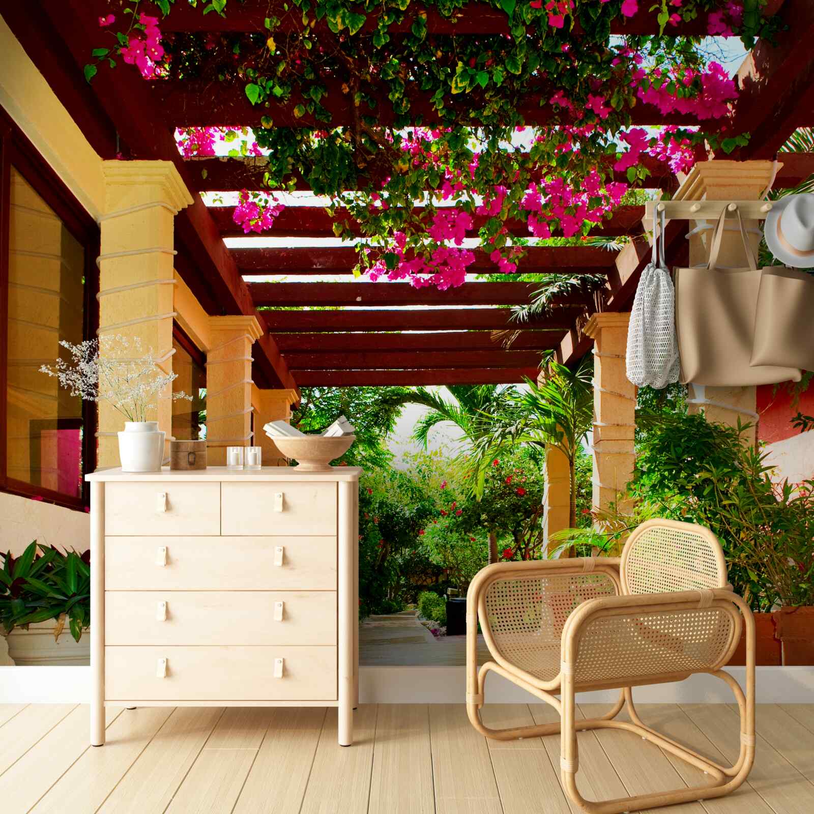 Фотошпалери тераса біля будинку, прикрашена рослинами