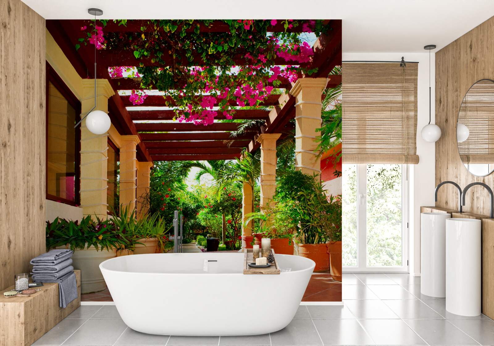 Фотошпалери тераса біля будинку, прикрашена рослинами