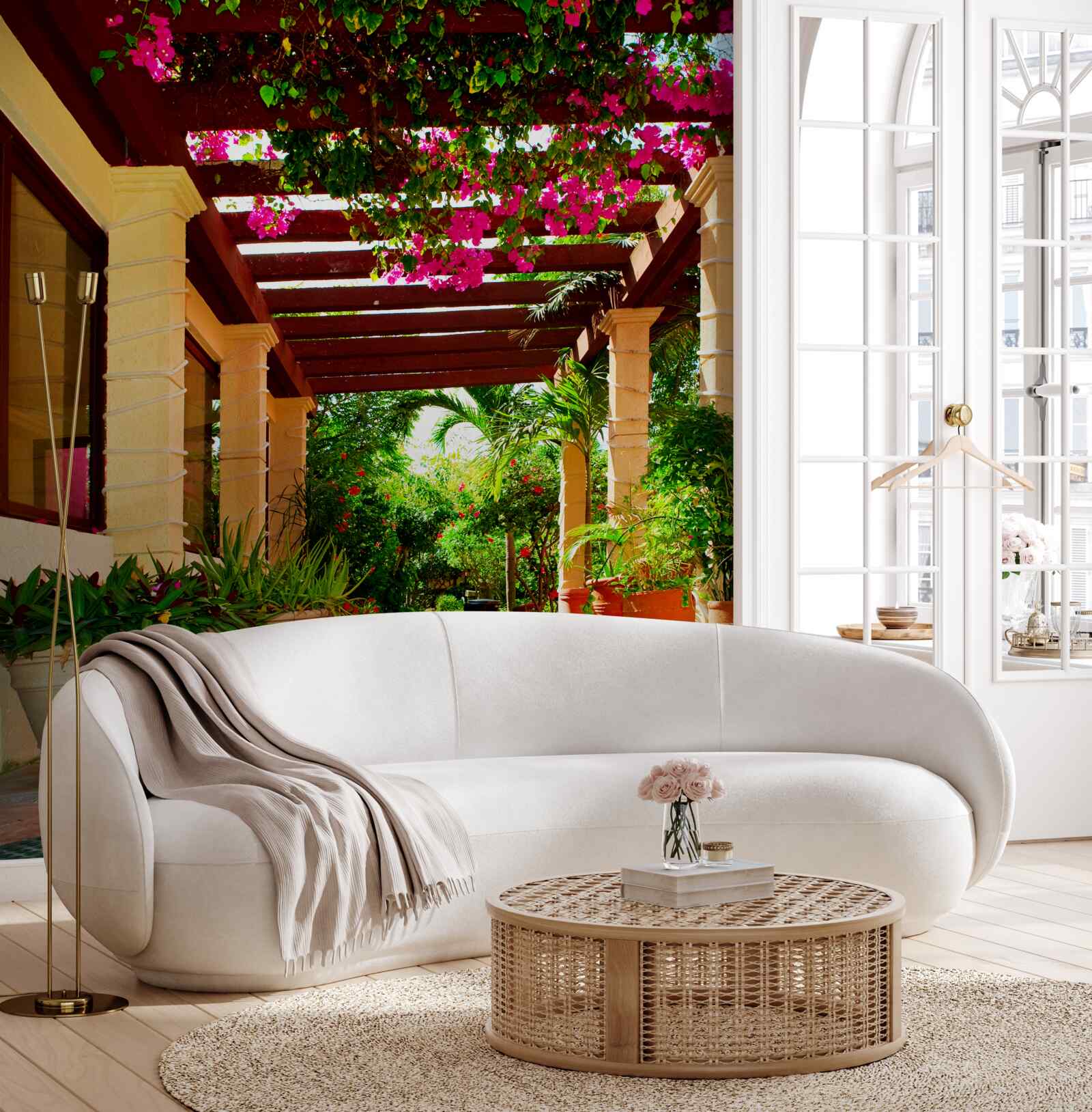 Фотошпалери тераса біля будинку, прикрашена рослинами