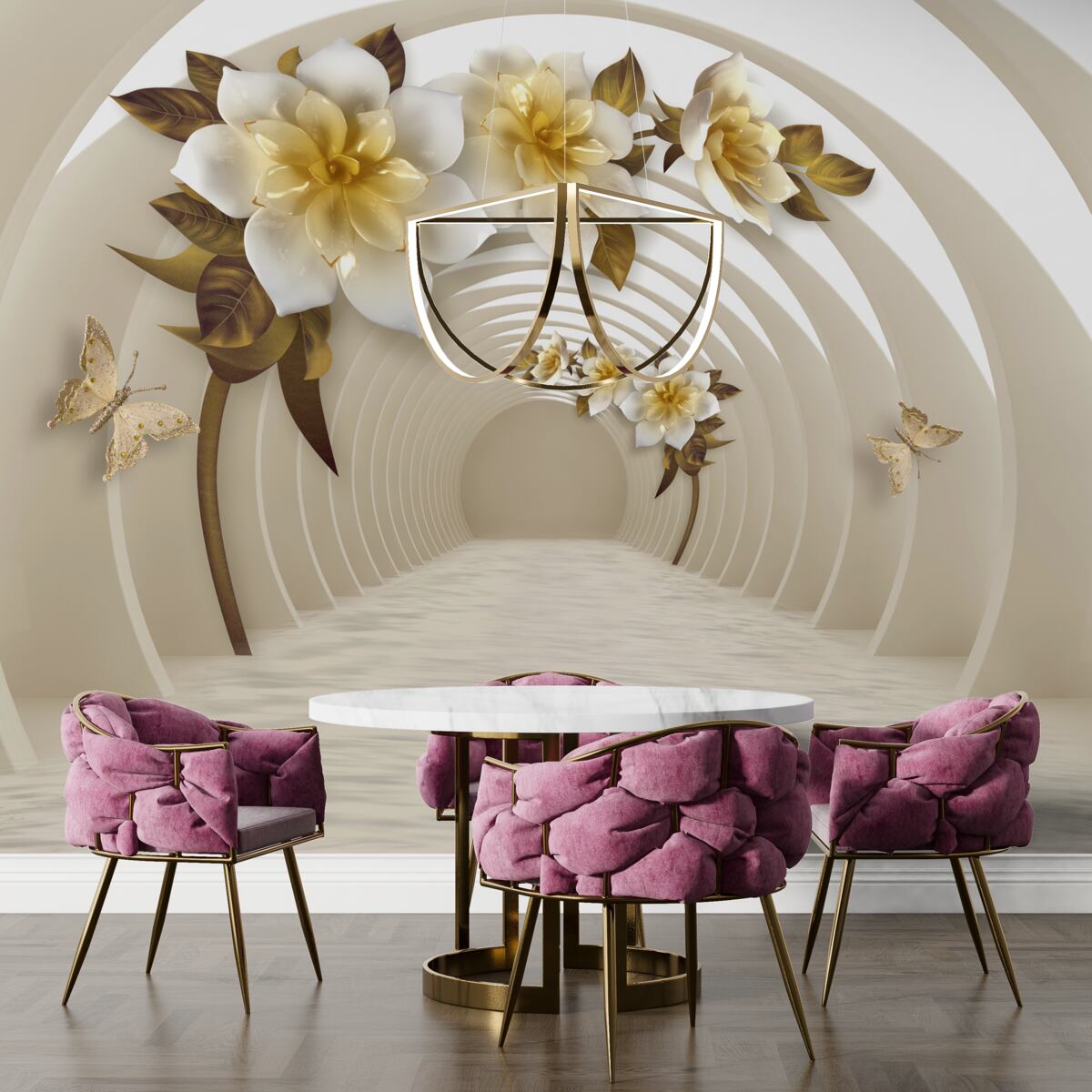 Фотошпалери виглядаючи назовні, можна побачити білі лотоси, прикрашені золотом