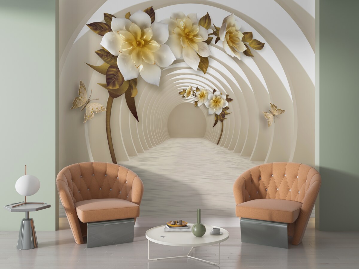 Фотошпалери виглядаючи назовні, можна побачити білі лотоси, прикрашені золотом