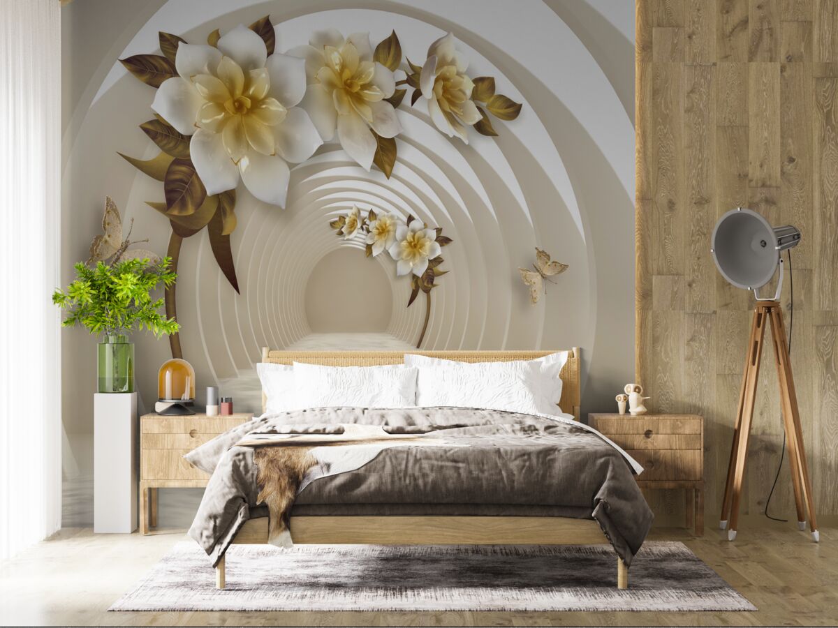 Фотошпалери виглядаючи назовні, можна побачити білі лотоси, прикрашені золотом