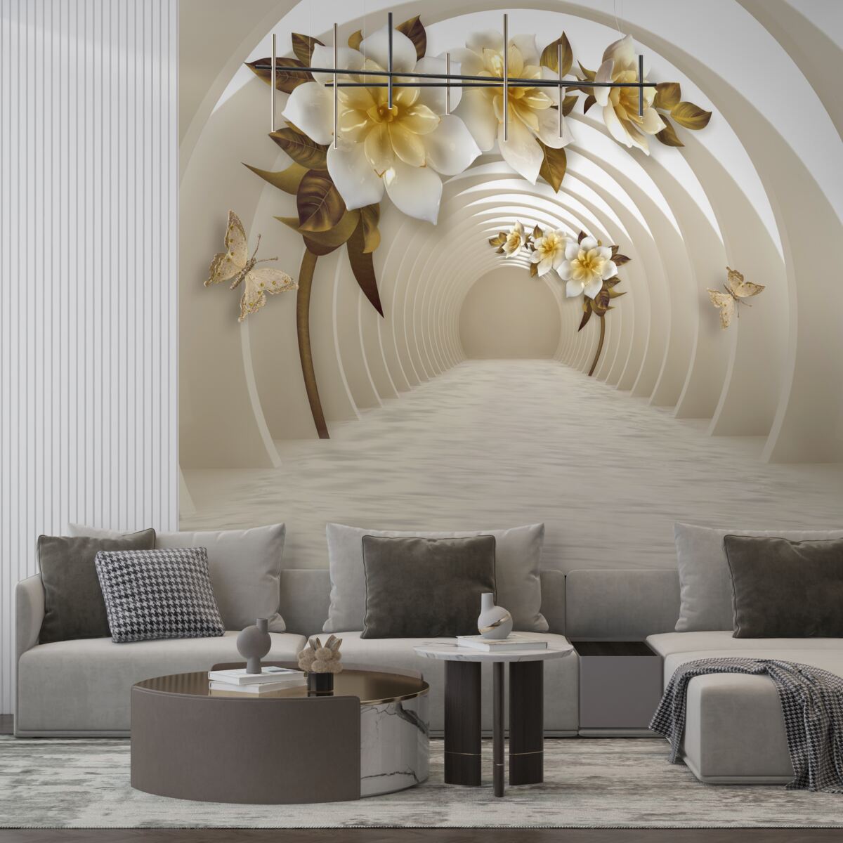 Фотошпалери виглядаючи назовні, можна побачити білі лотоси, прикрашені золотом