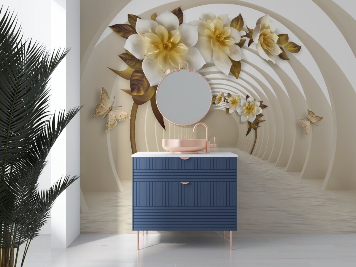 Фотошпалери виглядаючи назовні, можна побачити білі лотоси, прикрашені золотом