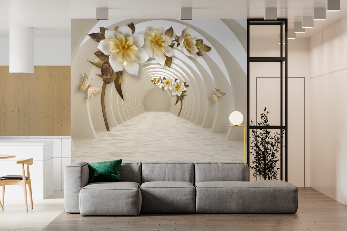 Фотошпалери виглядаючи назовні, можна побачити білі лотоси, прикрашені золотом